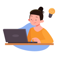 A student sitting at a desk, typing on a laptop, with a lightbulb icon symbolizing an idea above their head