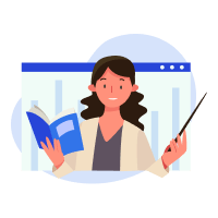 A Teacher holding an open book in one hand and a pointing stick in the other