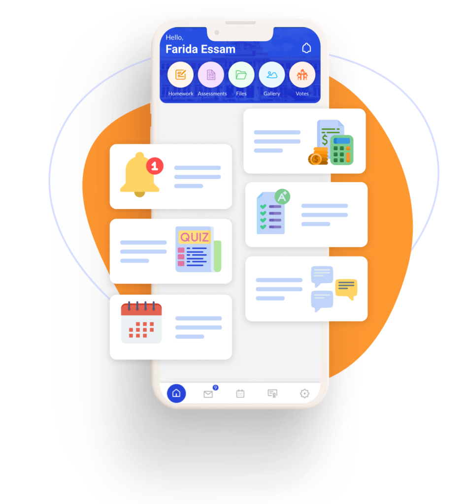 A smartphone displaying Skoolix learning management with various icons including notifications, a quiz, a calendar, messages, and document management.